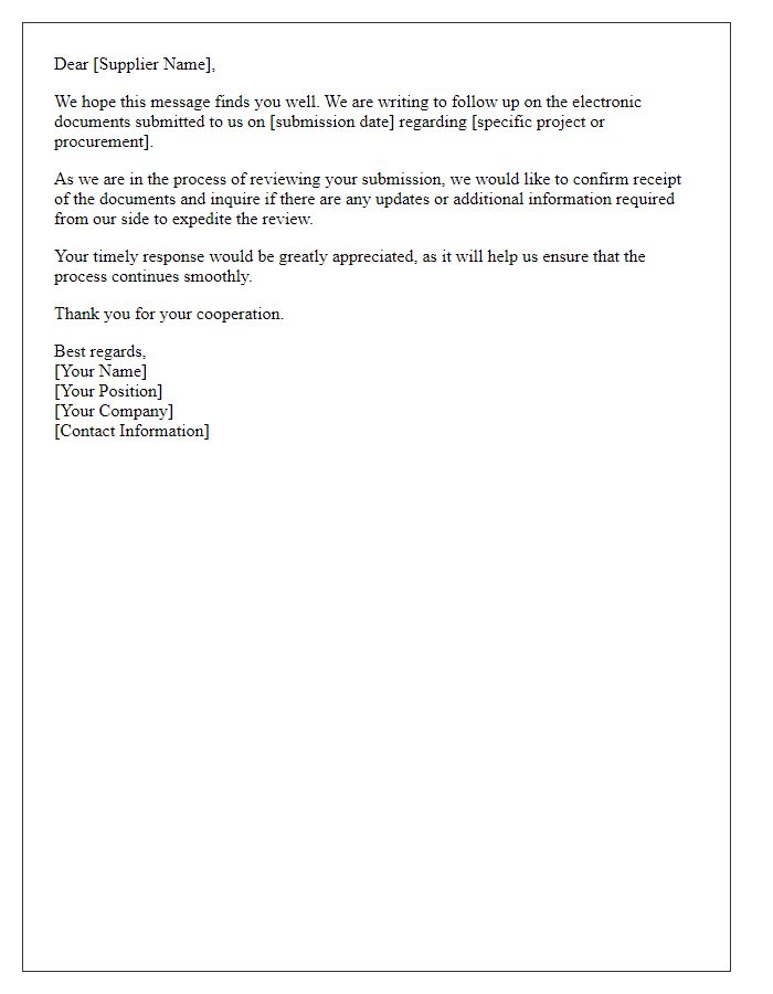 Letter template of follow-up on submitted supplier electronic documents.