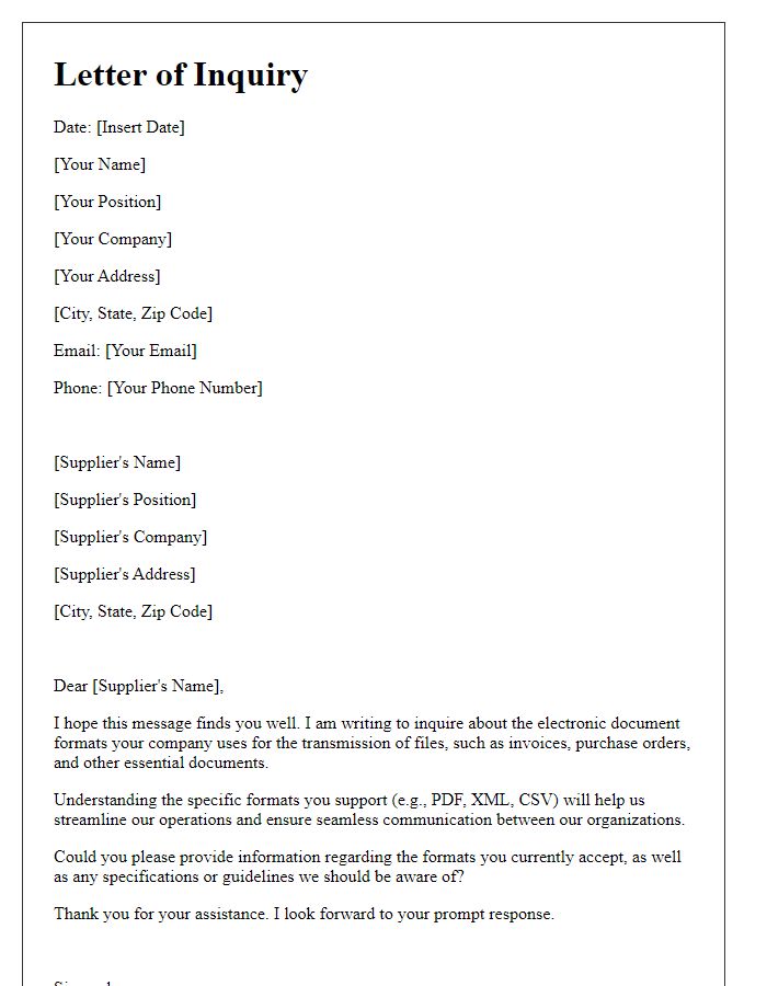Letter template of inquiry regarding supplier electronic document formats.