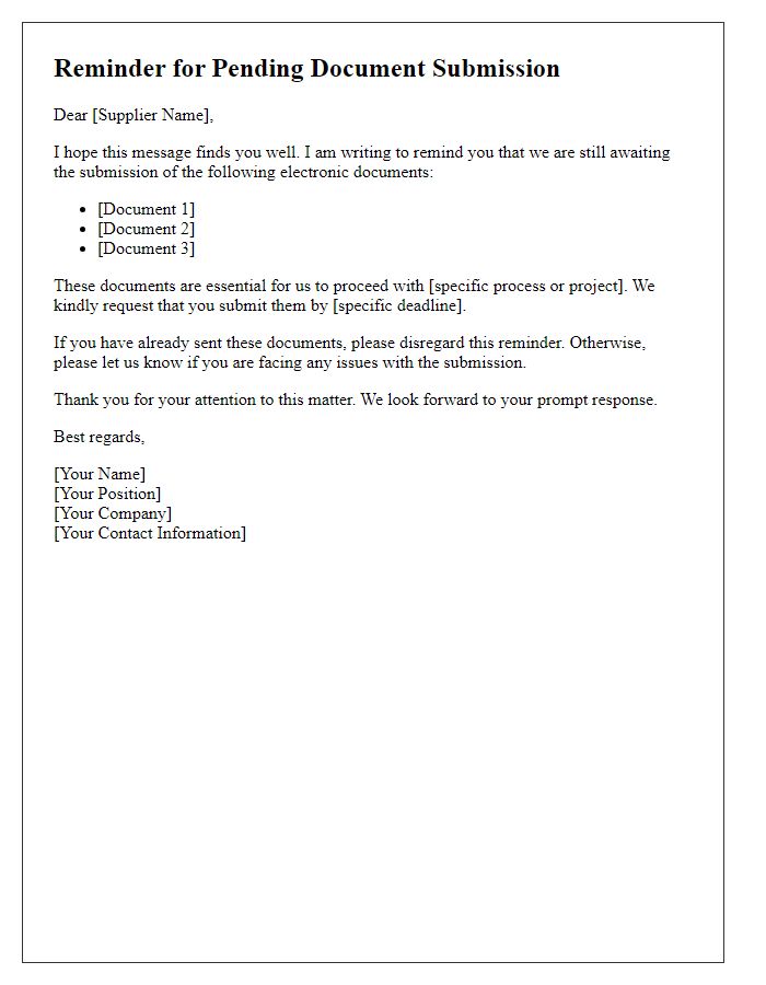 Letter template of reminder for pending supplier electronic document submission.