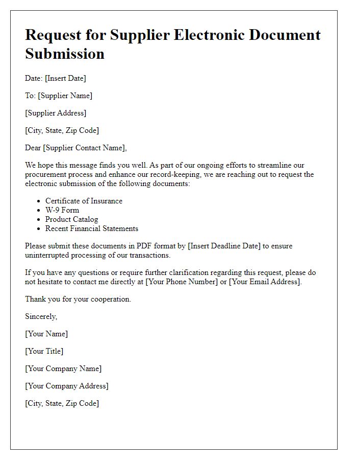 Letter template of request for supplier electronic document submission.