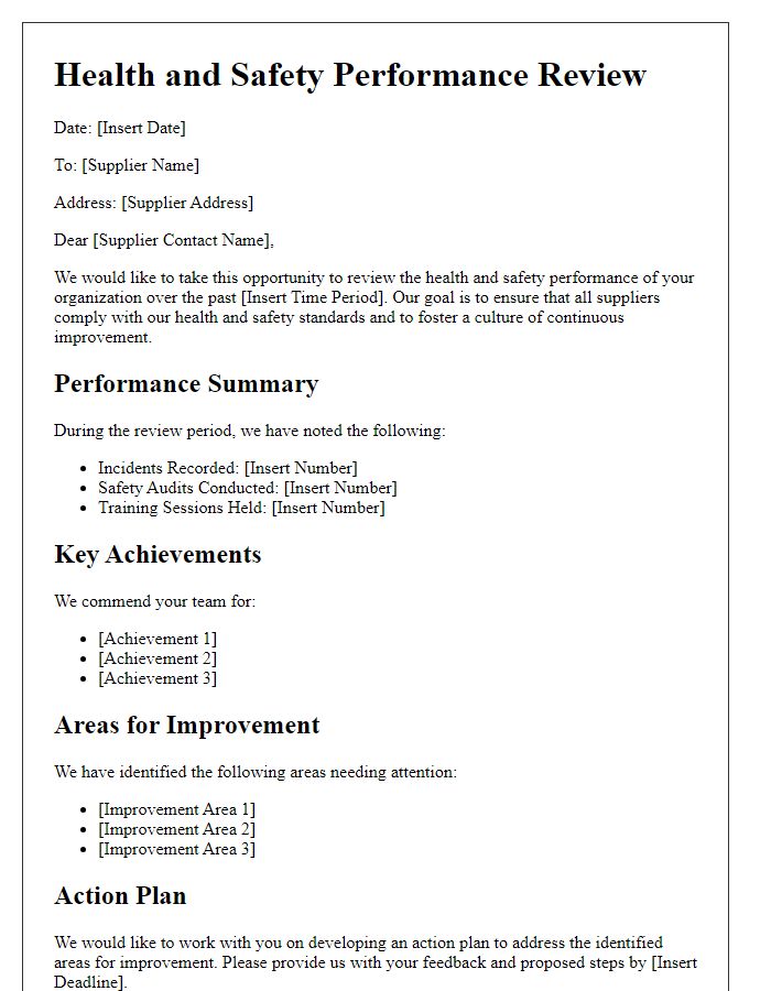 Letter template of supplier health and safety performance review