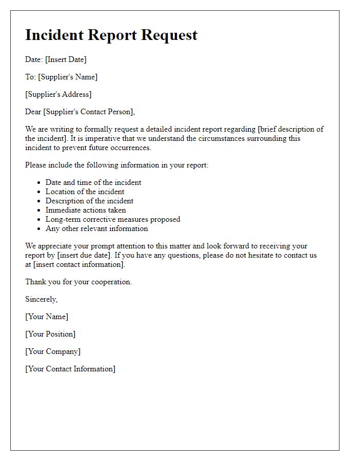 Letter template of supplier incident report request