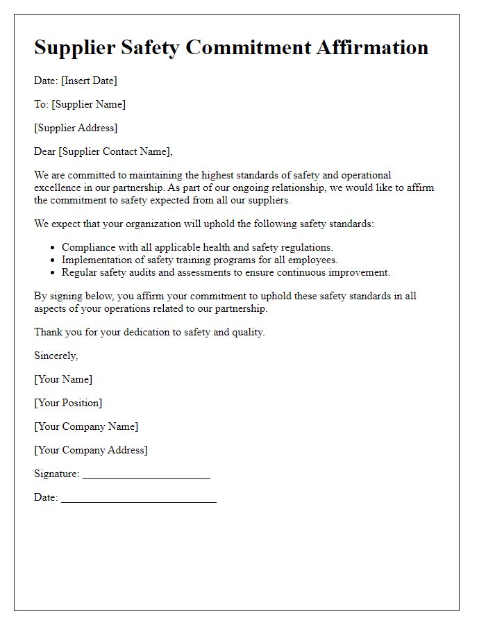 Letter template of supplier safety commitment affirmation