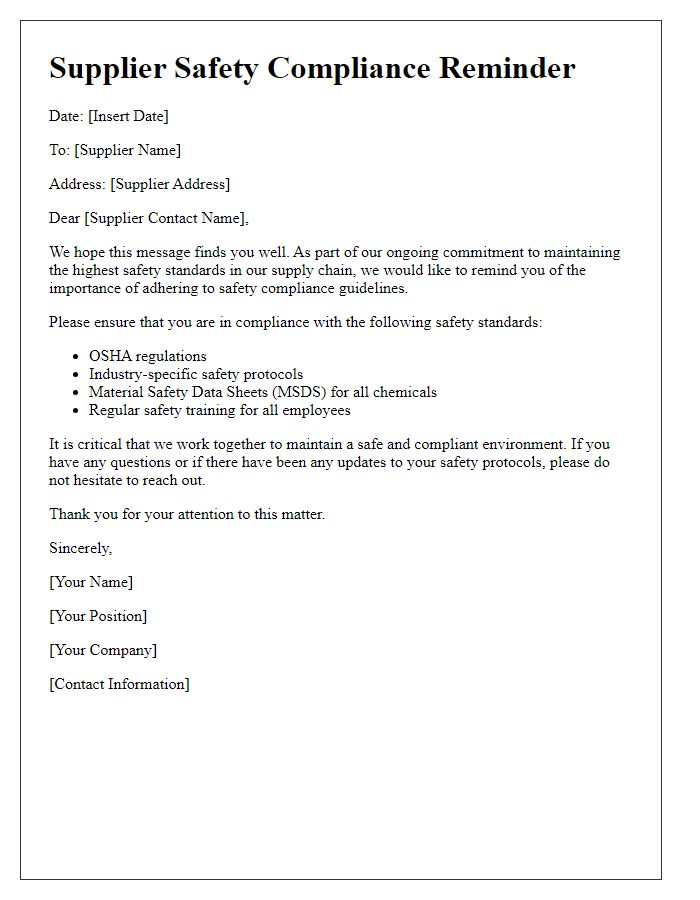 Letter template of supplier safety compliance reminder