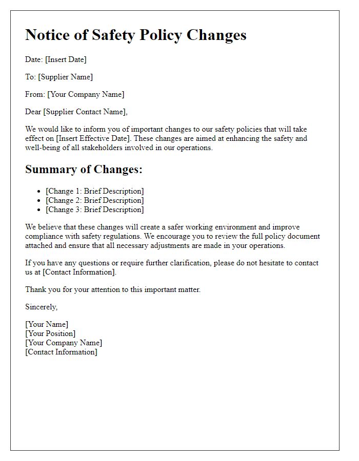 Letter template of supplier safety policy changes