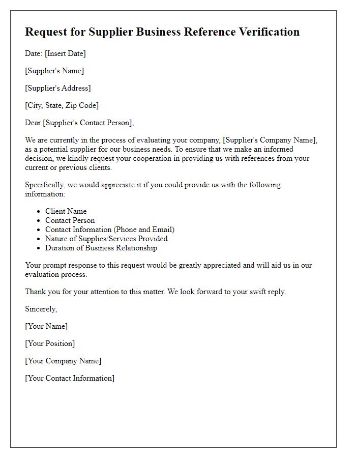 Letter template of Request for Supplier Business Reference Verification