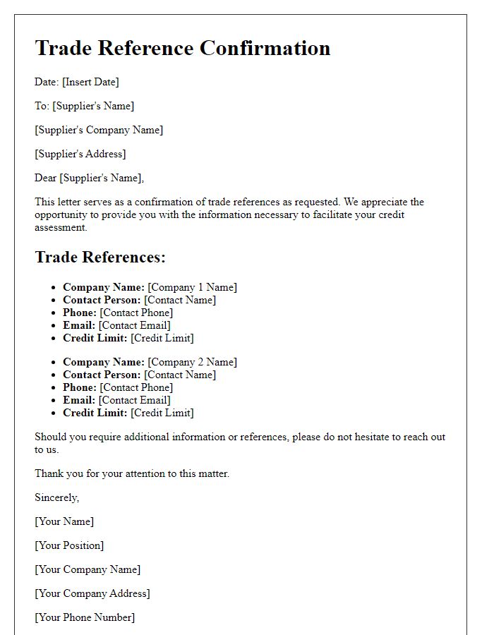 Letter template of Trade Reference Confirmation for Suppliers