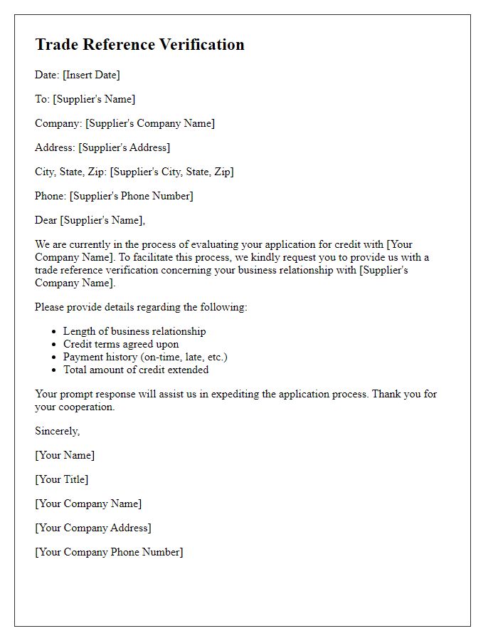 Letter template of Trade Reference Verification for Suppliers