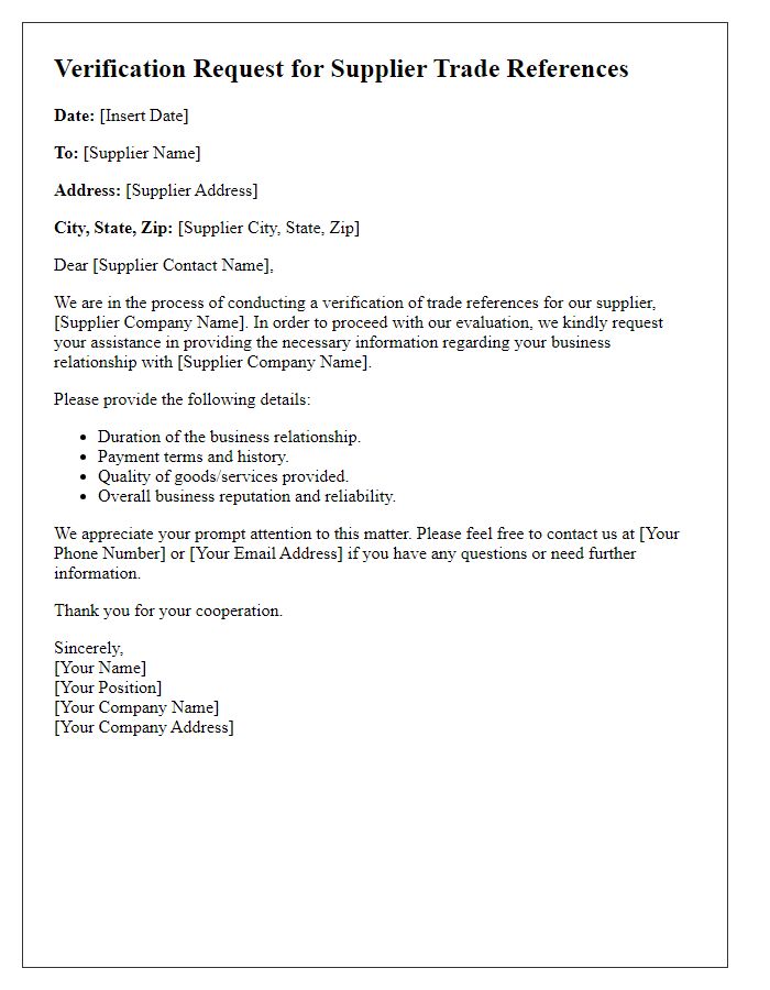 Letter template of Verification Request for Supplier Trade References