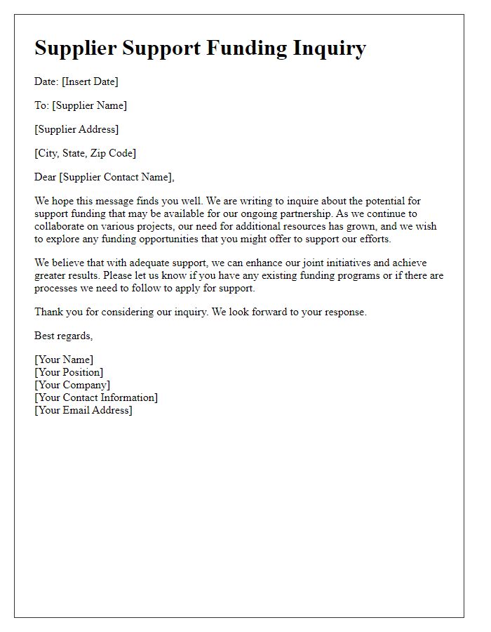 Letter template of Supplier Support Funding Inquiry