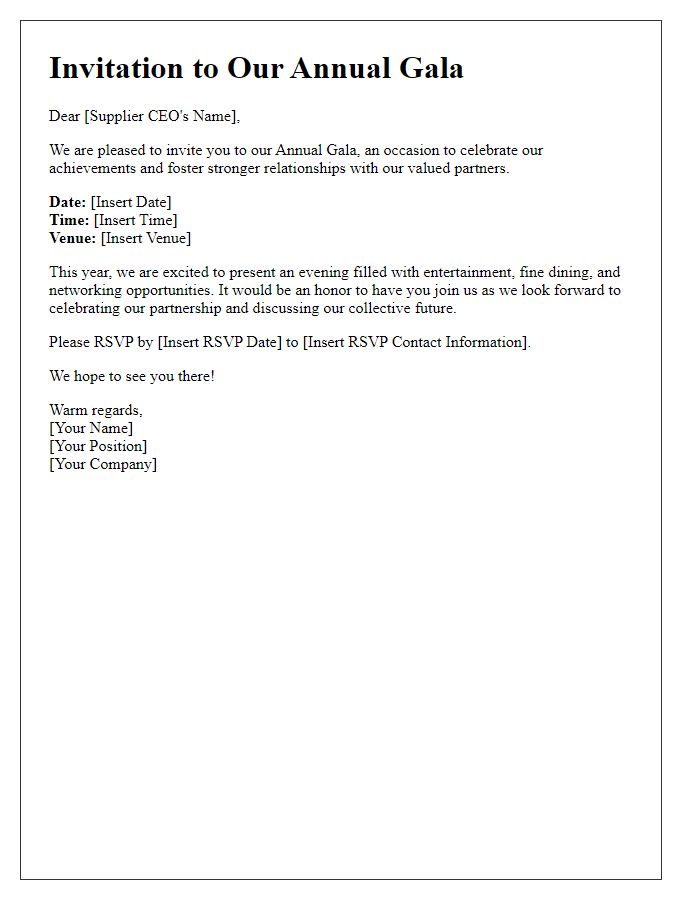 Letter template of Supplier CEO Invitation to Annual Gala