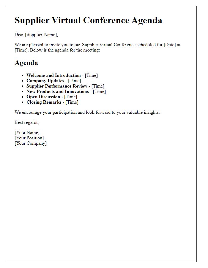 Letter template of agenda for supplier virtual conference