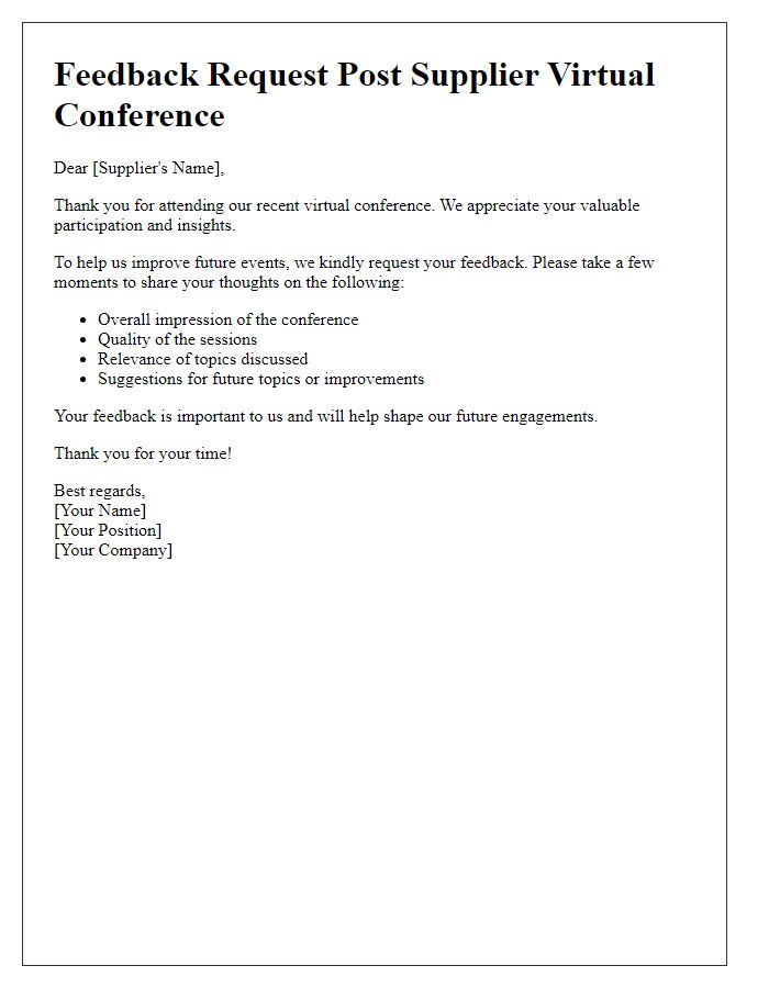 Letter template of feedback request post supplier virtual conference