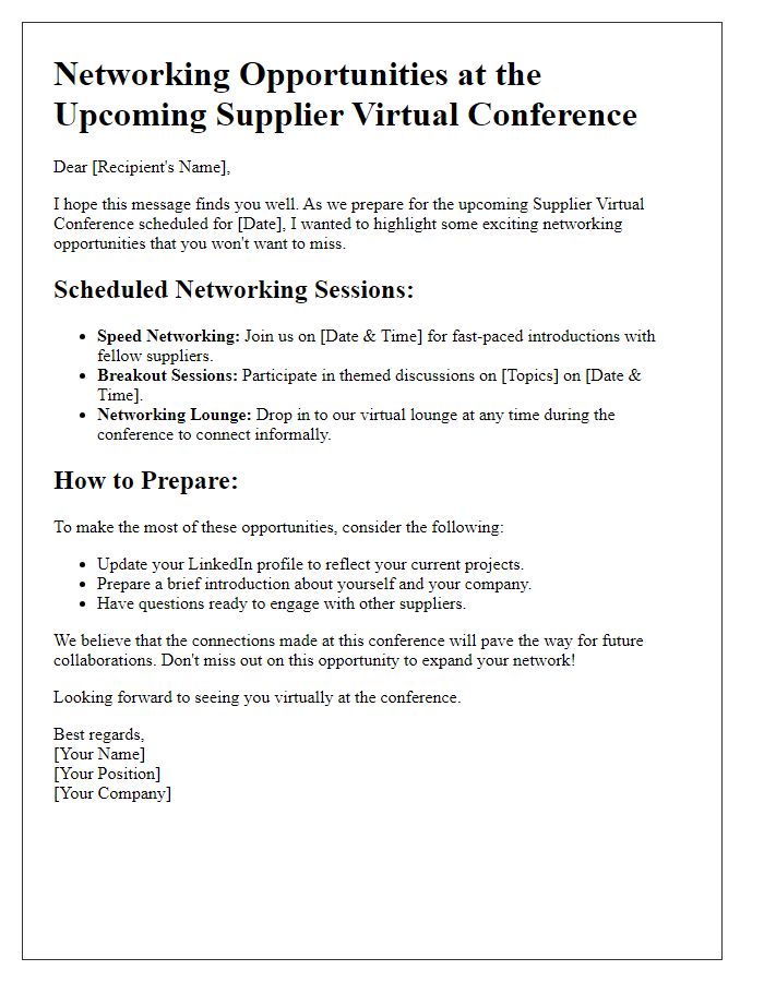 Letter template of networking opportunities at supplier virtual conference