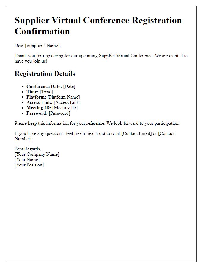 Letter template of registration details for supplier virtual conference