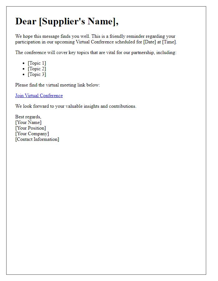 Letter template of reminder for supplier virtual conference participation