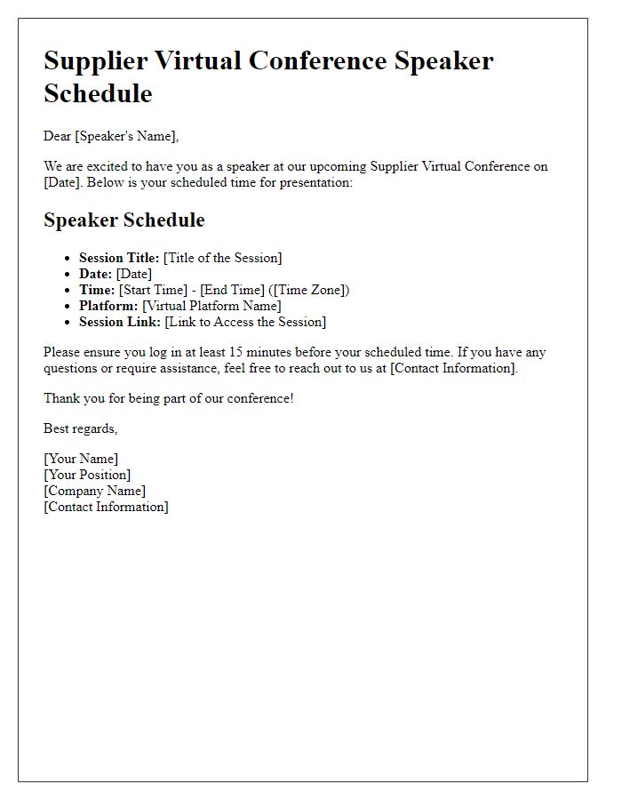 Letter template of speaker schedule for supplier virtual conference