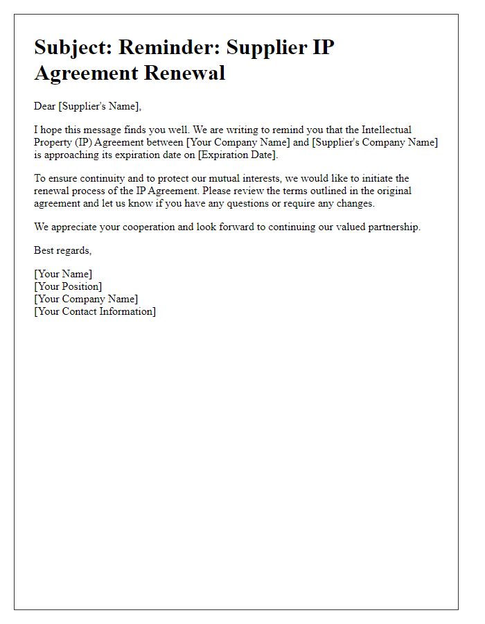 Letter template of Supplier IP Agreement Reminder