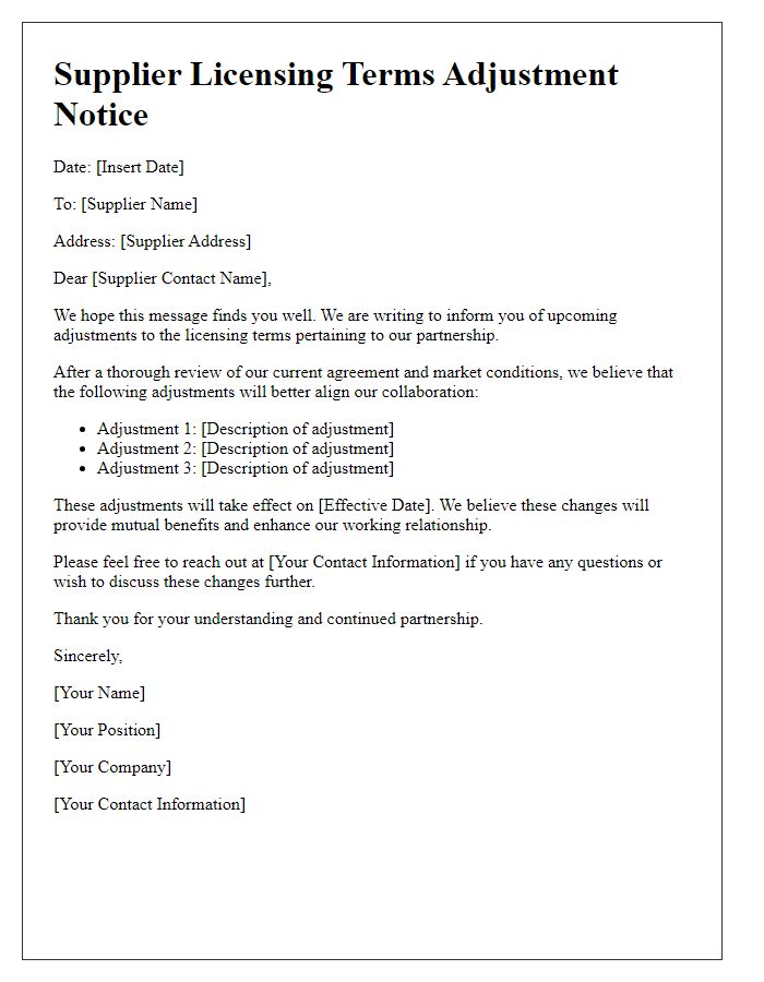 Letter template of Supplier Licensing Terms Adjustment