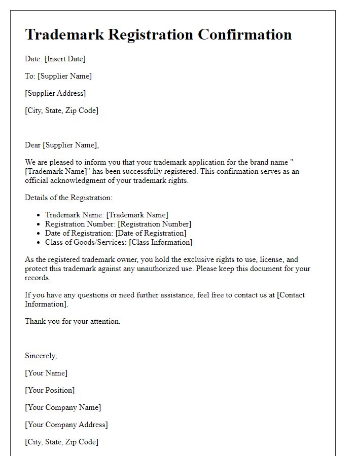 Letter template of Supplier Trademark Registration Confirmation