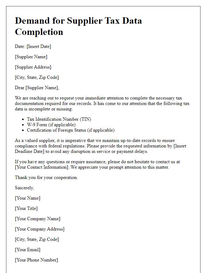 Letter template of Demand for Supplier Tax Data Completion