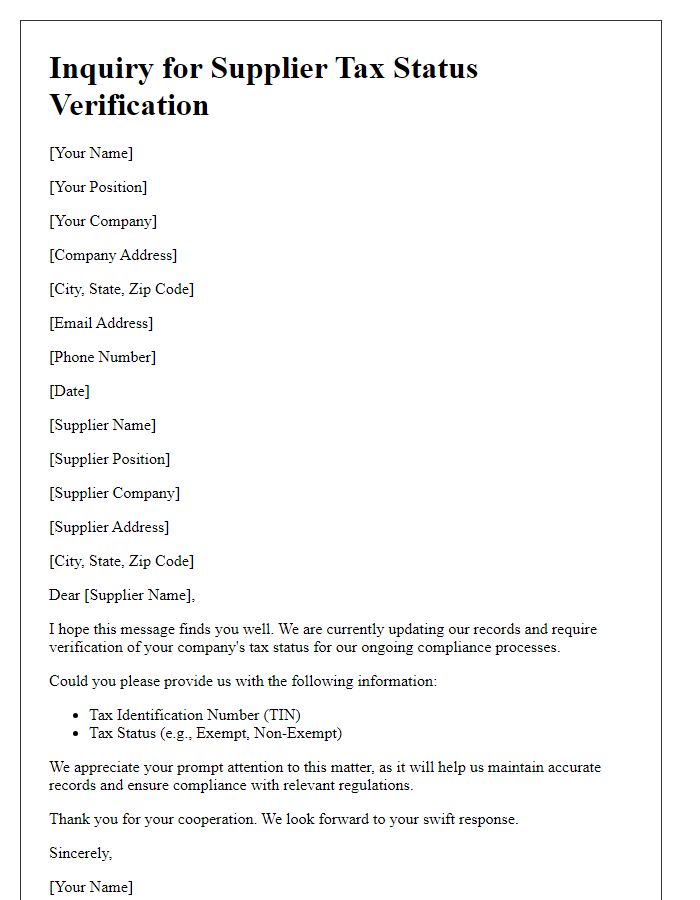 Letter template of Inquiry for Supplier Tax Status Verification