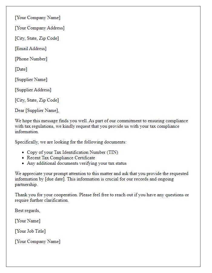 Letter template of Request for Supplier Tax Compliance Information