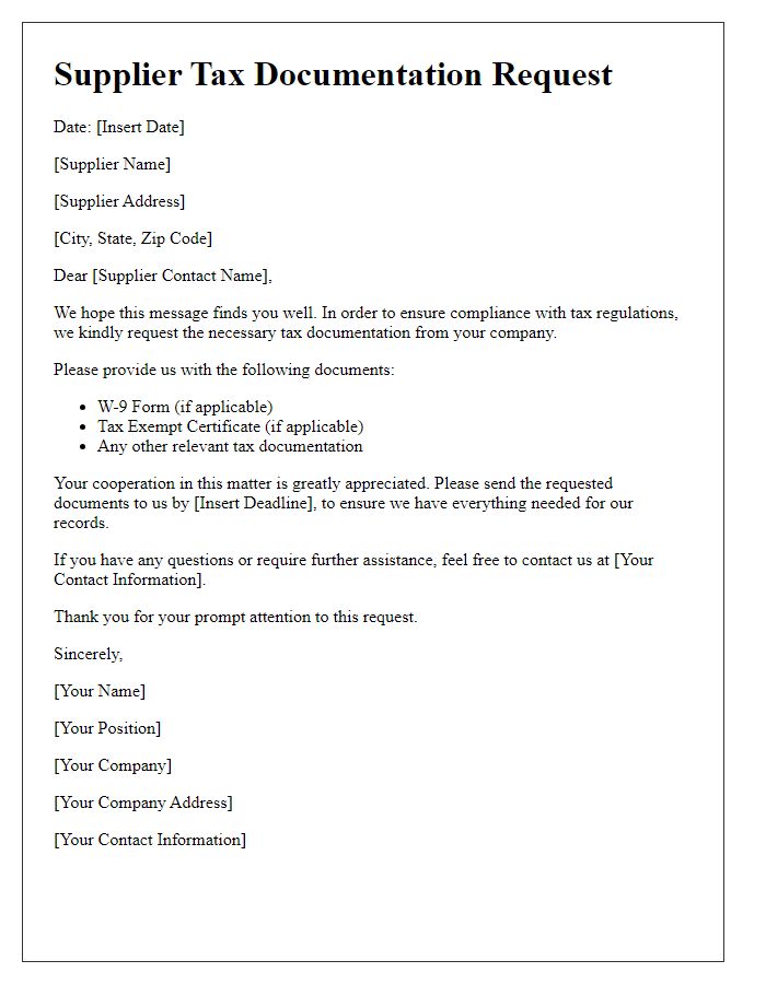 Letter template of Supplier Tax Documentation Request