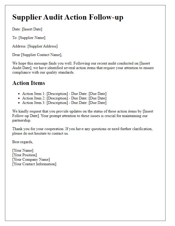 Letter template of Supplier Audit Action Follow-up
