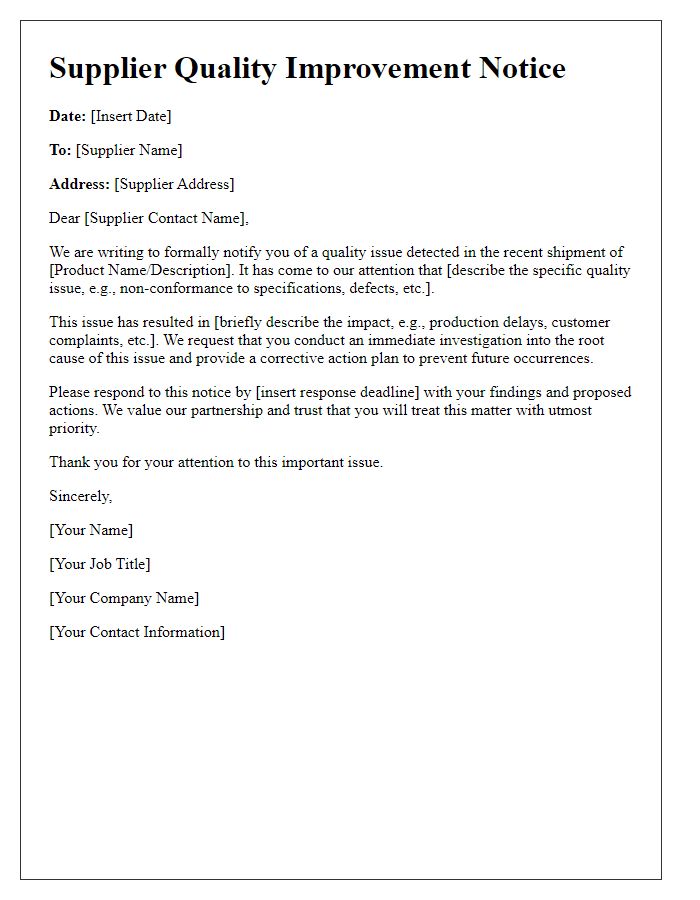 Letter template of Supplier Quality Improvement Notice