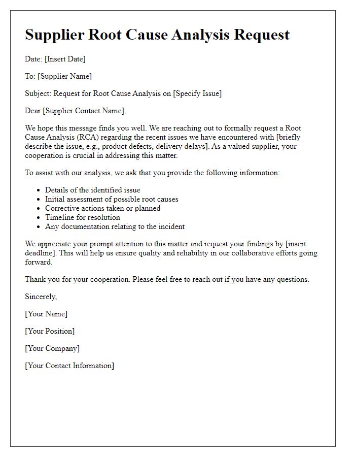 Letter template of Supplier Root Cause Analysis Request