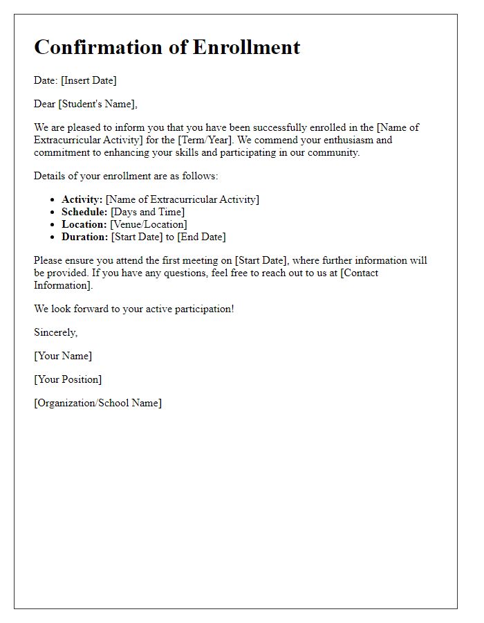 Letter template of confirmation for extracurricular activity enrollment