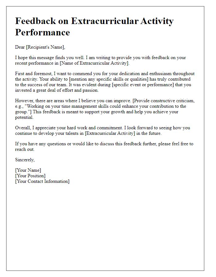 Letter template of feedback for extracurricular activity performance