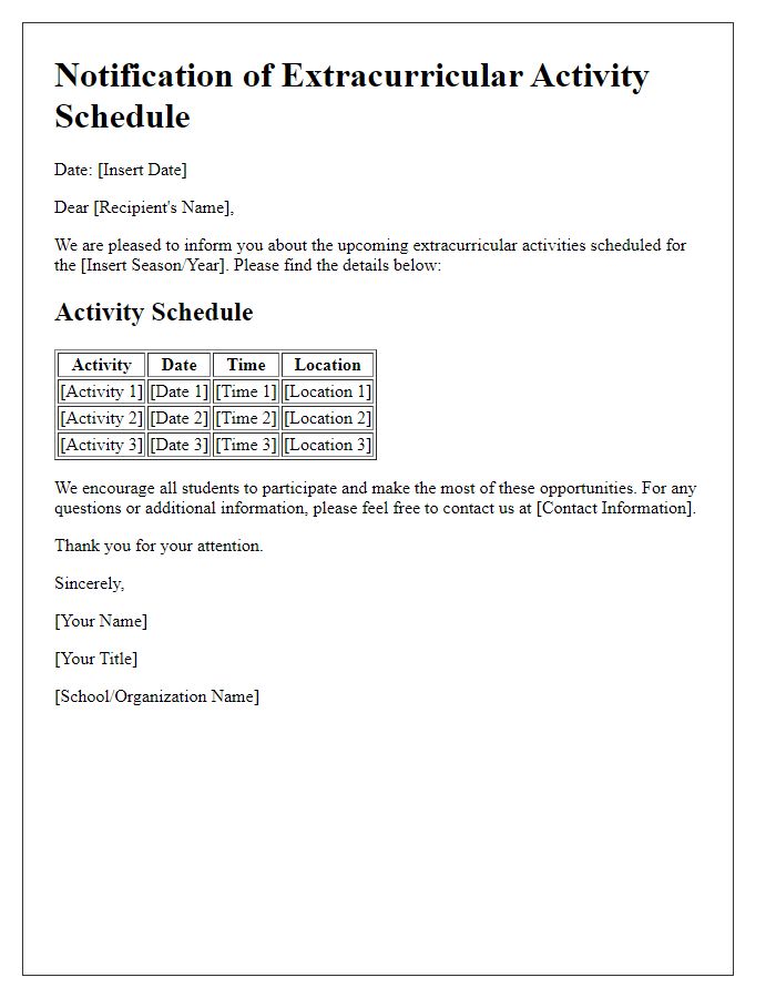 Letter template of notification for extracurricular activity schedules