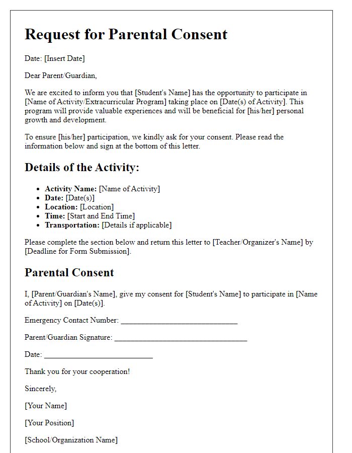 Letter template of request for parental consent for extracurricular participation