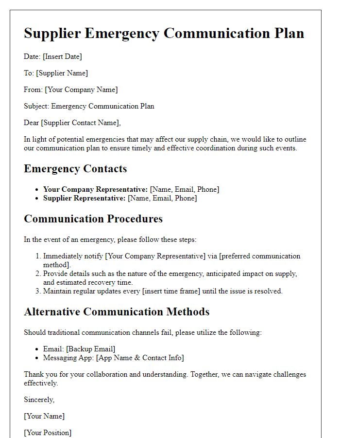 Letter template of supplier emergency communication plan.