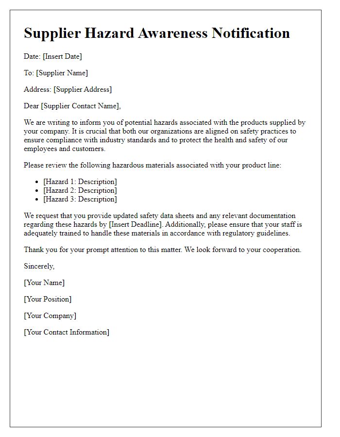 Letter template of supplier hazard awareness correspondence.