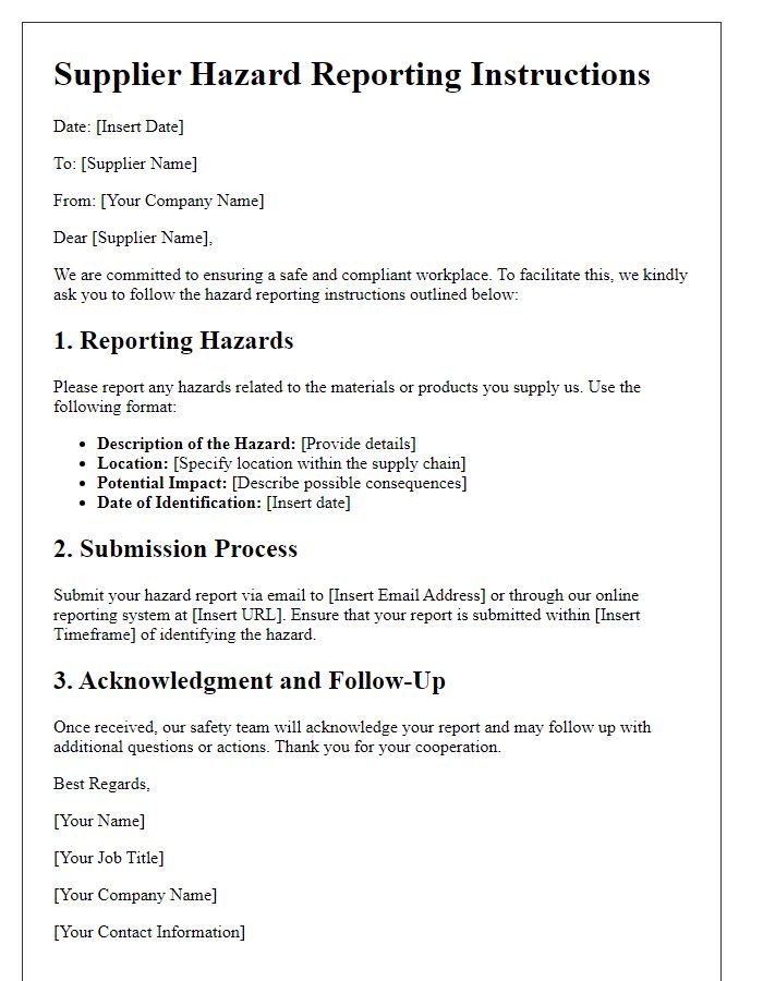 Letter template of supplier hazard reporting instructions.