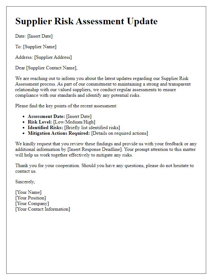 Letter template of supplier risk assessment update.