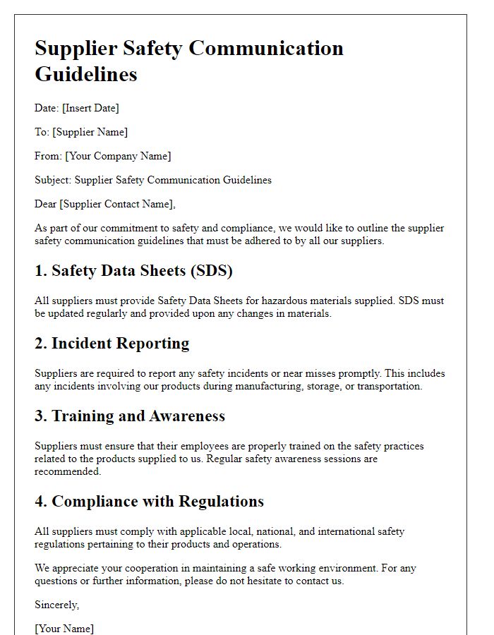 Letter template of supplier safety communication guidelines.