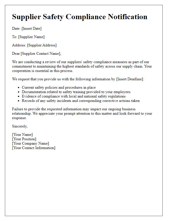 Letter template of supplier safety compliance communication.