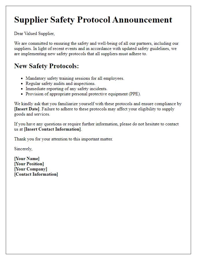 Letter template of supplier safety protocol announcement.