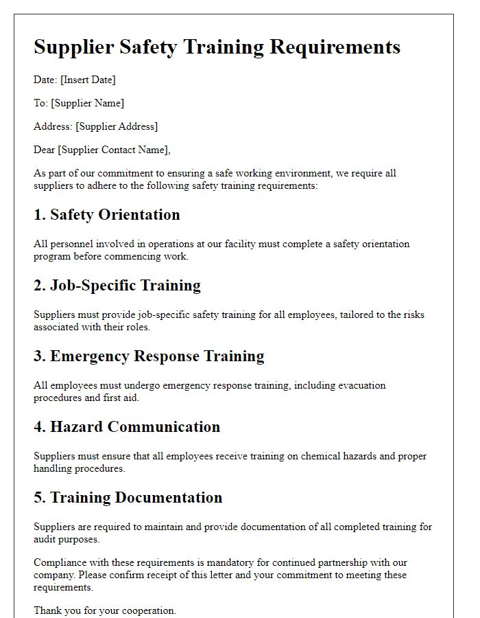 Letter template of supplier safety training requirements.