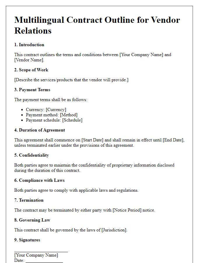 Letter template of multilingual contract outline for vendor relations