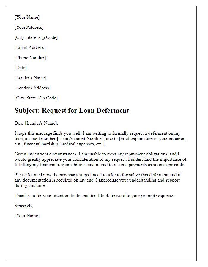 Letter template of formal loan deferment request