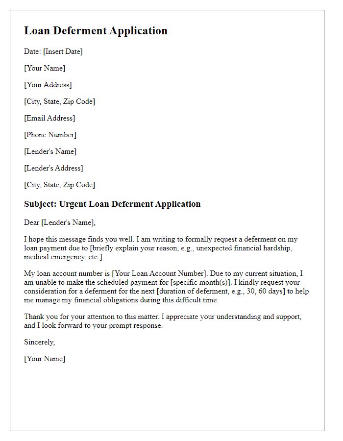 Letter template of urgent loan deferment application