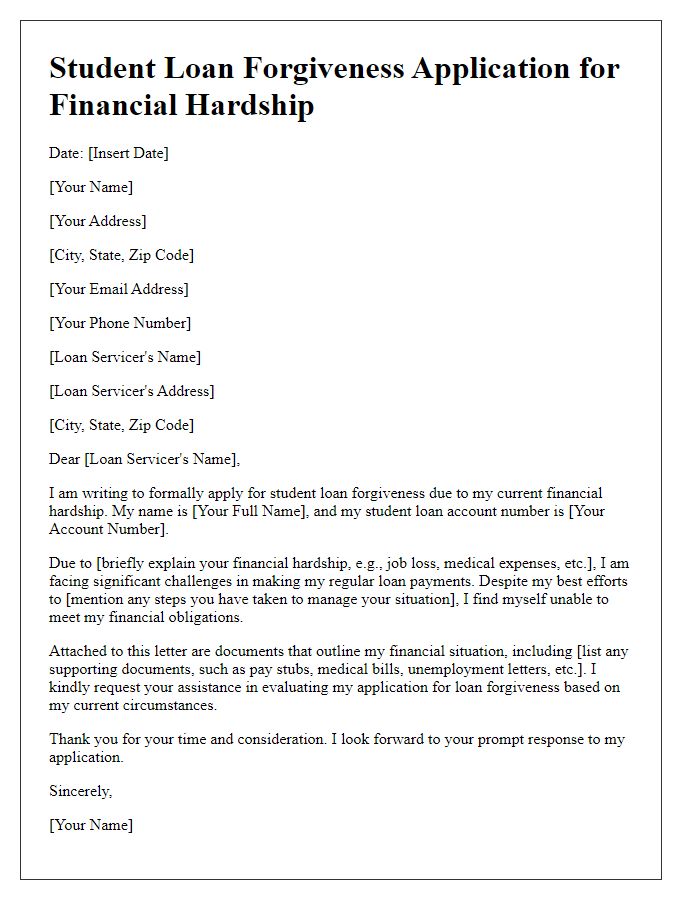 Letter template of student loan forgiveness application for borrowers with financial hardship