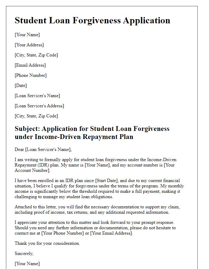 Letter template of student loan forgiveness application for income-driven repayment plan candidates