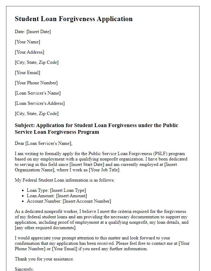 Letter template of student loan forgiveness application for nonprofit workers