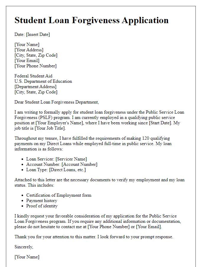 Letter template of student loan forgiveness application for public service employees